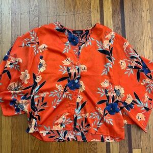 Aakaa orange kimono top blouse M medium button front EUC